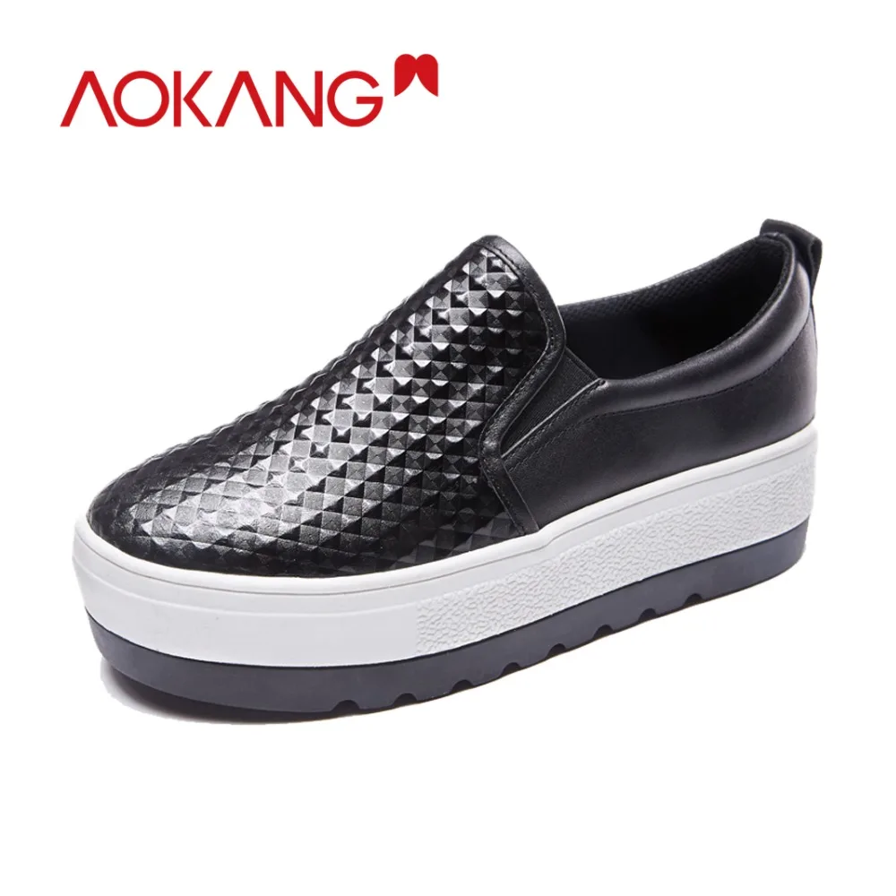 

Aokang 2017 autumn Women platform shoes cow leather diamond-type lattice shoes slip on female shoes casual round toe shoes