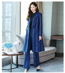 Весенние женские клетчатые брючные костюмы элегантные офисные женские блейзеры наборы корейский стиль Униформа длинная куртка комплекты