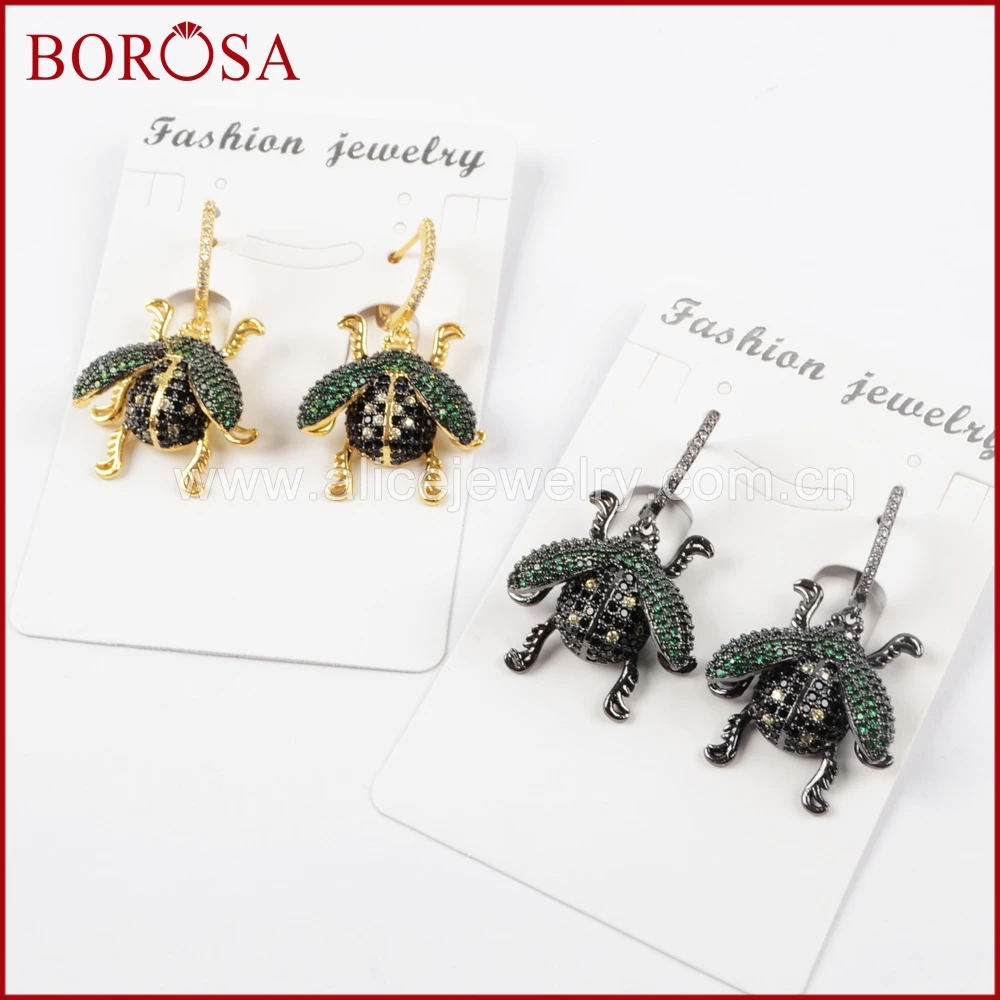 

BOROSA 3Pairs Fashion Chic Green Wing Bugs Earrings Micro Pave CZ Insects Beetles Earrings Drusy Drop Earrings Jewelry WX846