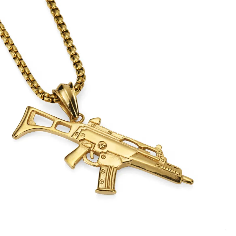 

Personality Machine Gun Hip Hop Necklaces Chokers Men Women Golden Bling Stainless Steel Pendants Jewelry Chains