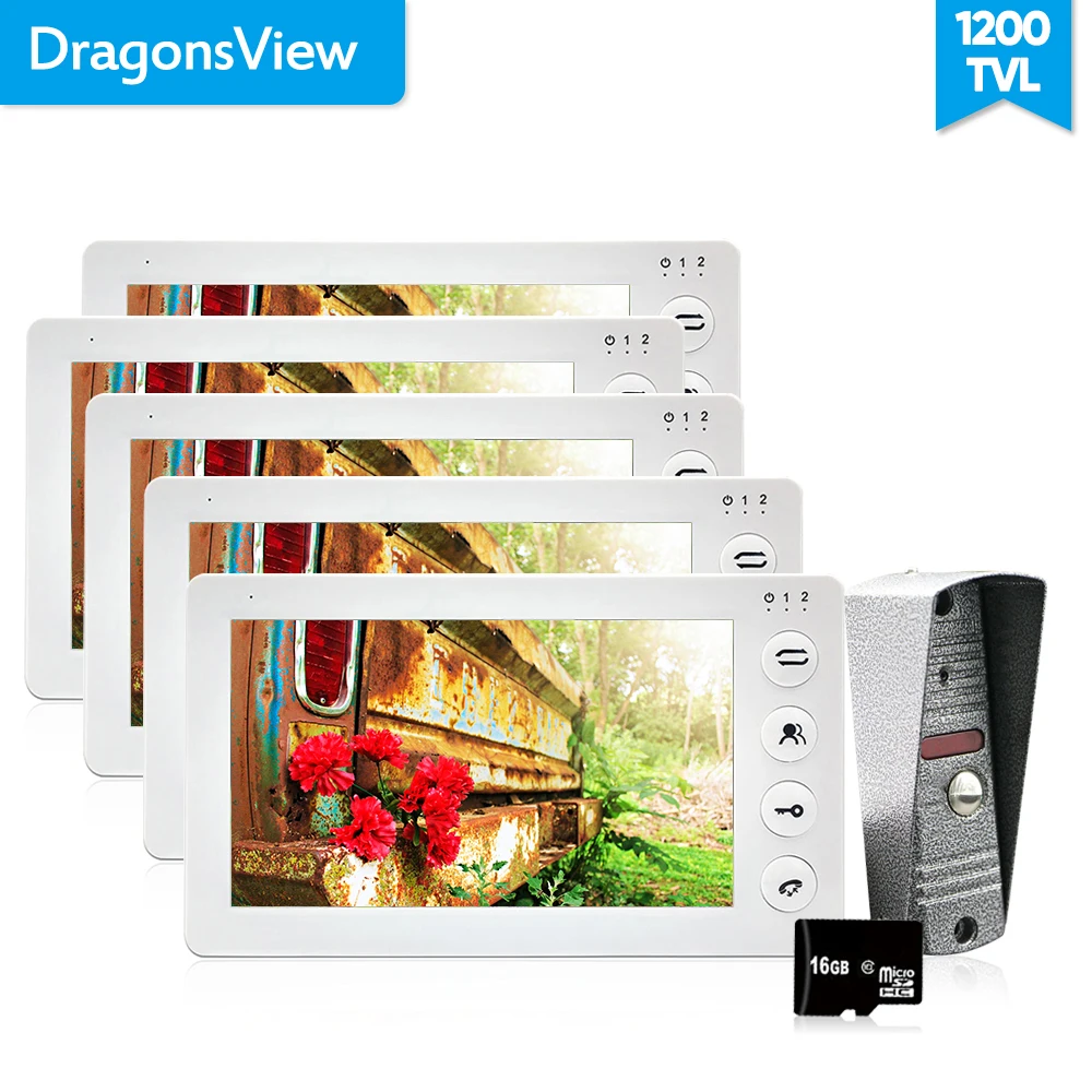 

Dragonsview Video Intercom Doorbell with Camera System 7 Inch 5 Monitors Video DoorPhone and 1 doorbell button 1200TVL Record