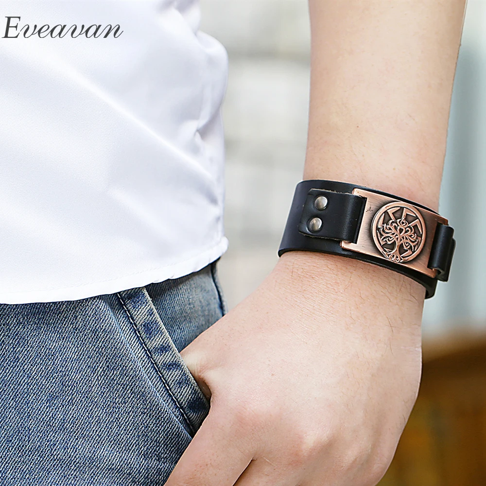 

EUEAVAN 5pcs Vintage Slavic Tree of Life Badge Charms Bracelet Sun Wheel Talisman Cuff Leather Bangles For Men