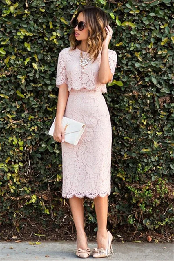 

Blush 2019 Cocktail Dresses Sheath High Collar Half Sleeves Lace Knee Length Elegant Party Homecoming Dresses