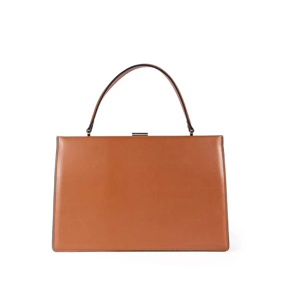 Натуральная кожа винтажная большая каркасная сумка с застежкой для женщин Дамская Минимальная чистая дизайнерская официальная деловая рабочая сумка на плечо с верхней ручкой - Цвет: Tan