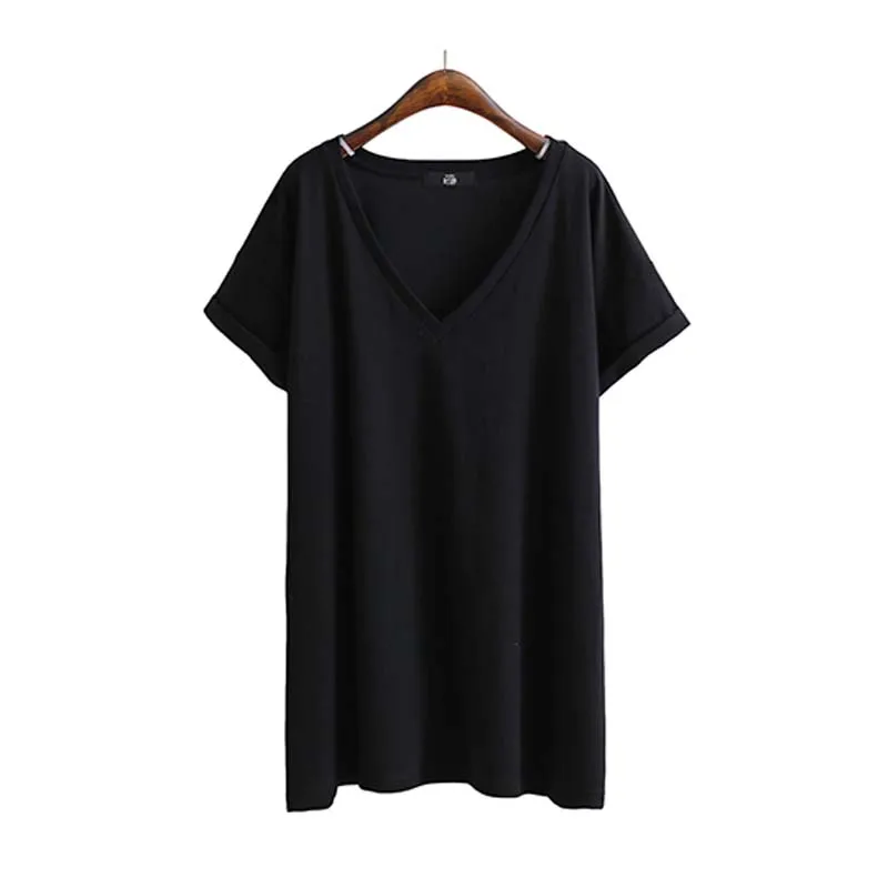 Gkfnmt, летняя женская футболка,, сексуальный v-образный вырез, сплошной цвет, топы с коротким рукавом, новинка, свободная, размера плюс, черная, белая, серая, женская футболка - Цвет: Черный
