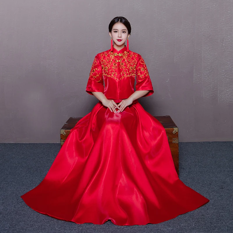 Винтаж Красный вышивки Cheongsam современный Традиционный китайский стиль свадебное платье Oriental Для женщин длинные Qipao Vestidos размеры s-xl