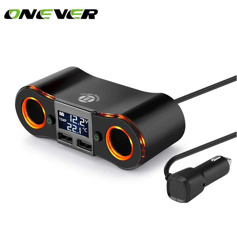 

Onever Dual USB Port Car Charger Volmeter with 2 Cigarette Lighter Sockets 80W Power Adapter Max 3.5A Output Support LED Display