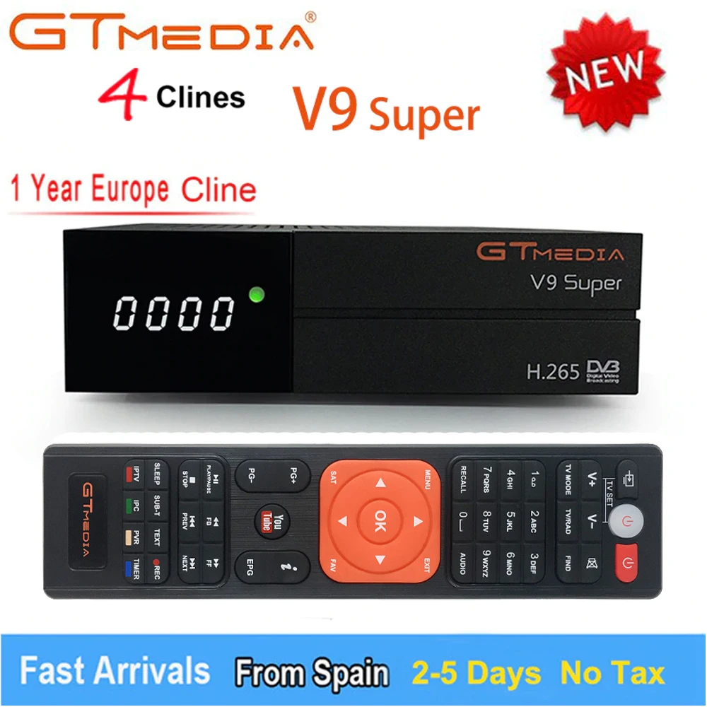 

GT media Satellite Receiver V9 Super DVB-S2 H2.65 FREESAT V9 SUPER Satellite TV Receiver HD 1080P with 1 Year 4 Clines Lines
