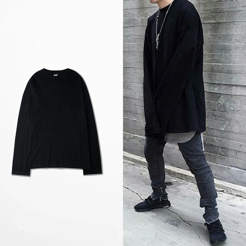 

2017 men Spring Comfortable extended Pure color t shirt punk cotton Long sleeve top Hip hop Kanye West Men Hipster clothes
