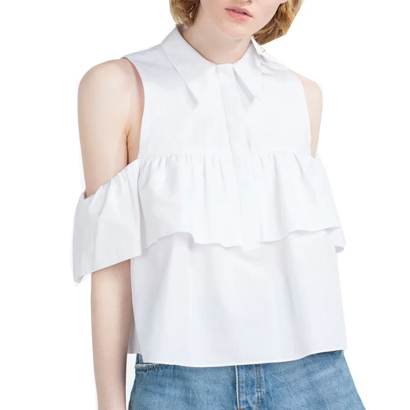 

2018 Summer Women Casual Cold Shoulder Ruffles Blouse Shirts Turn Down Blue Casual Sexy Tops Chemise Femme Blusas Ladies