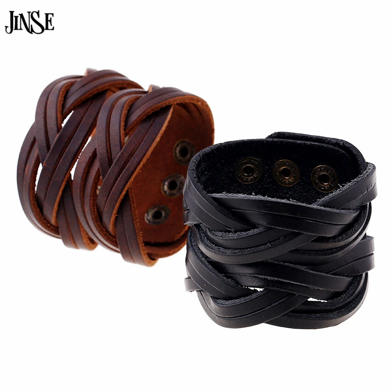 JINSE 2017 Vintage Cowhide Leather Bracelet Cuff Bangle For Men Jewelry
