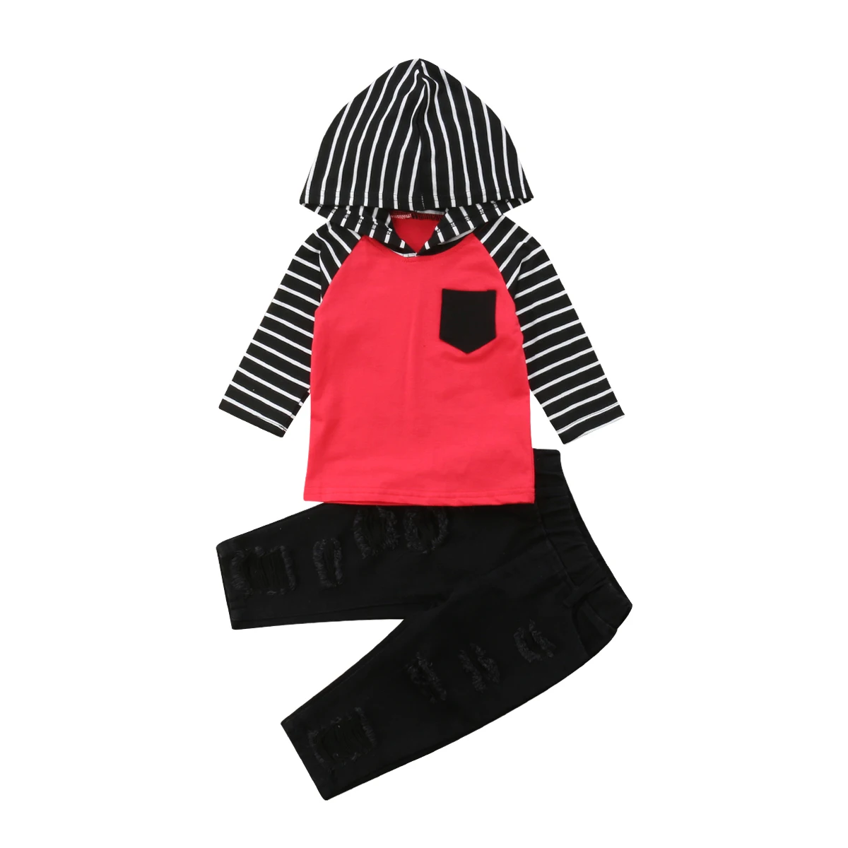 2PCS Toddler Kids Baby Boys Tops Hoodies Denim Ripped Pants Jeans Striped Outfit