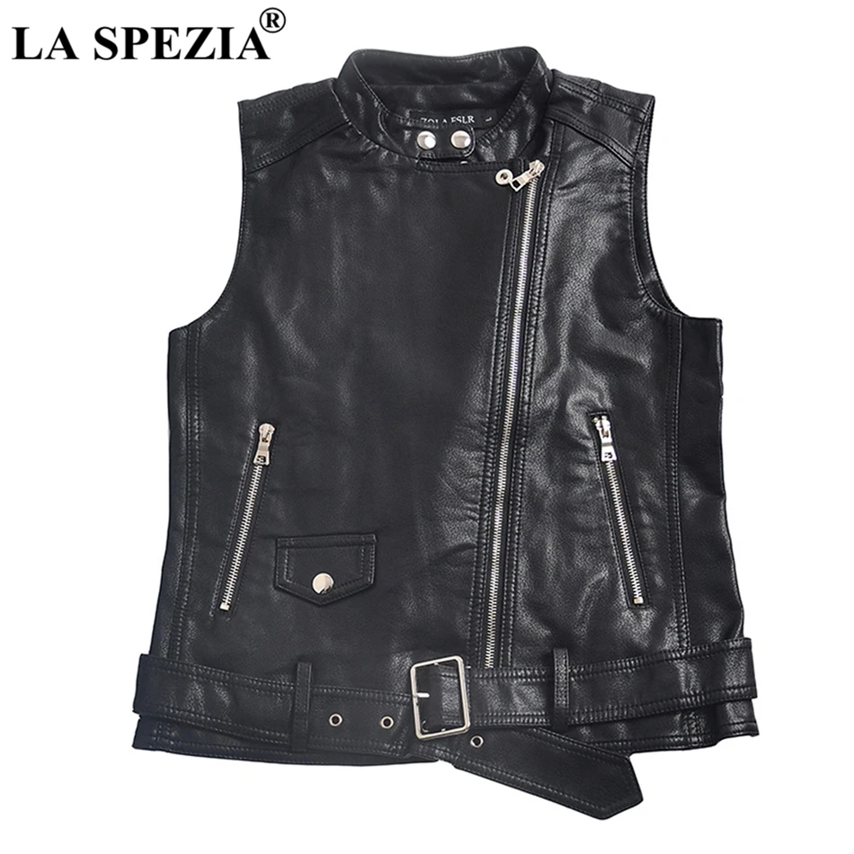 LA SPEZIA Black Vest Women Biker Short Waistcoats Ladies Belt Faux Leather Zipper Punk Fashion Female Autumn Sleeveless Jackets