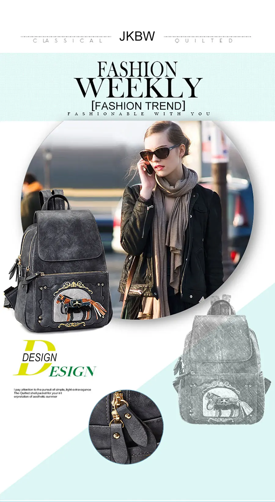 JKBW Women Backpack Fashion PU Leather Female Bags Teenager Girls School Bags Leisure Travel Bag with Cartoon Horse Decoration (1)