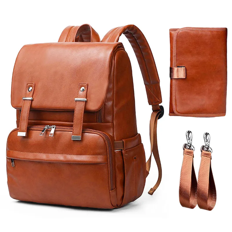 

New PU Leather Maternity Backpack Solid Nappy Bag For Stroller Baby Backpack Bags For Mom Dad Diaper Bag Organizer