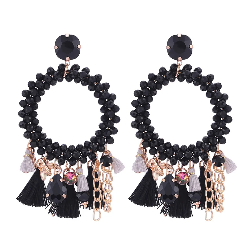 Sehuoran, большие серьги-капли с кисточками для женщин, Кристальные граненые бусины ручной работы, круглые женские серьги в стиле бохо, массивные серьги Oorbellen - Окраска металла: Black