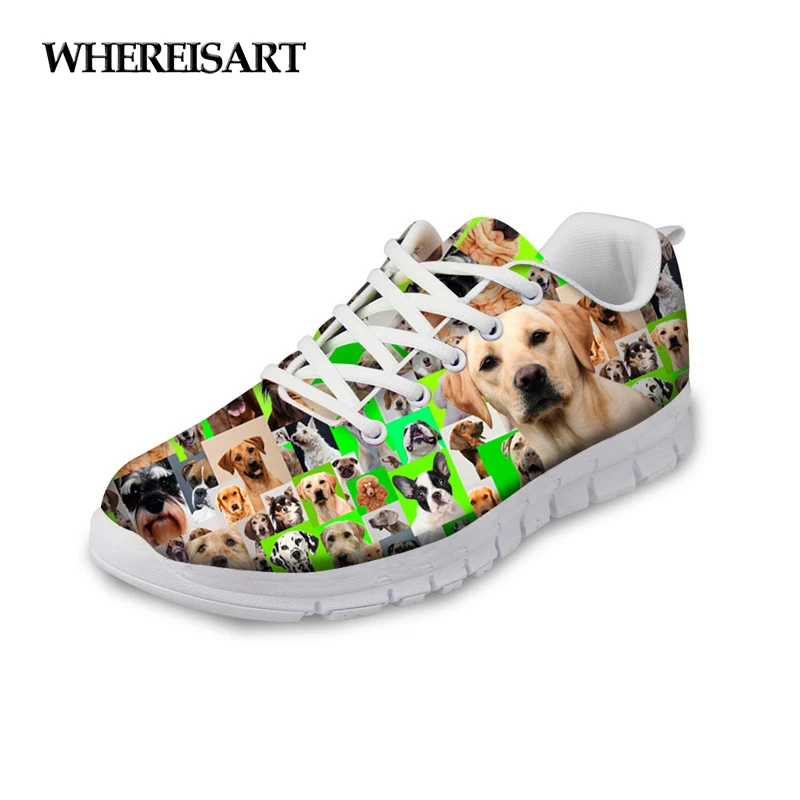 

WHEREISART Green Women Casual Flat Shoes Cute Pug Dog Pattern Breathable Spring Female Sneakers Girsl Walking Zapatos de Mujer