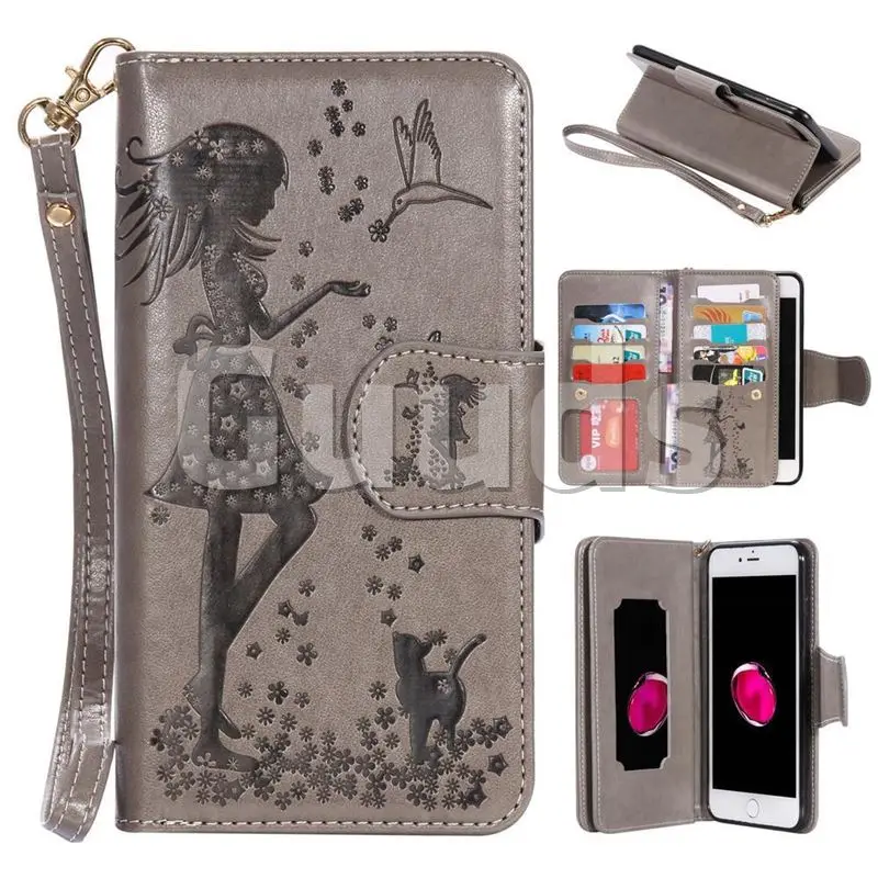 Embossing Cat Girl 9 Card Leather Wallet Case for iPhone 8 Plus / 7 Plus 7P(5.5 inch) - Gray