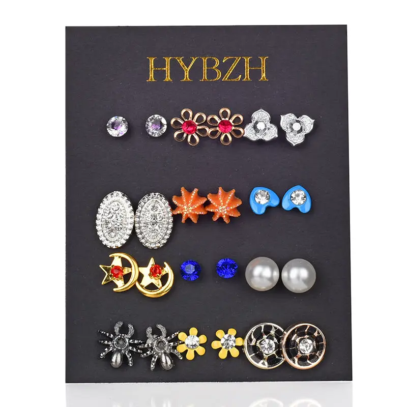HYBZH 12Pairs Pack Set Mixed Stud Earrings For Women Crystal Ear Studs