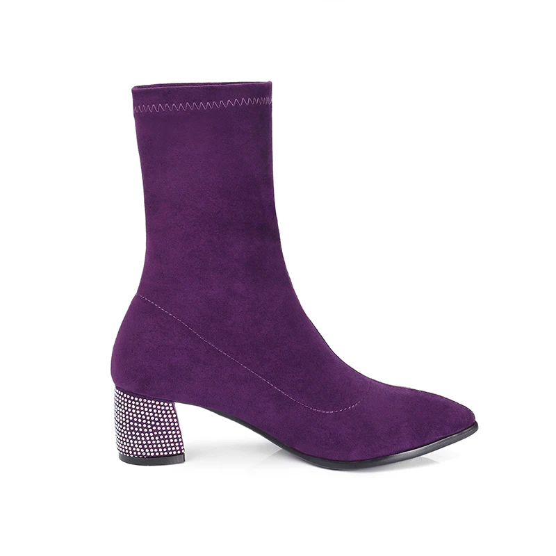 WETKISS/женские ботфорты выше колена из эластичного флока; обувь с острым носком; женские сапоги на высоком каблуке со стразами; женская зимняя обувь фиолетового цвета