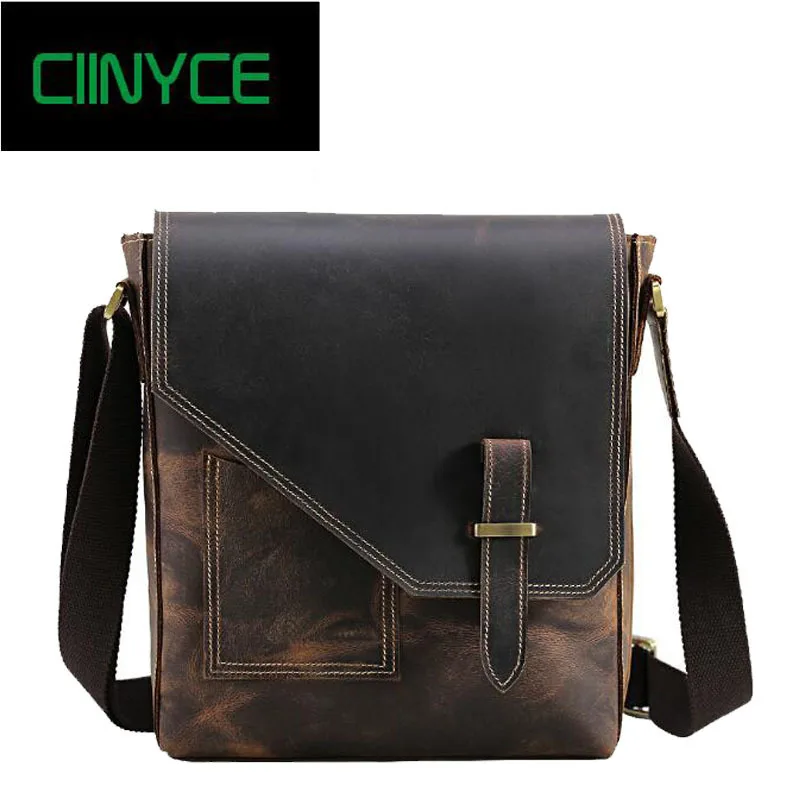 

Men's Vintage crazy horse leather messenger bag A4 Genuine leather shoulder bag iPad Thick Cow leather school bag flap handbags