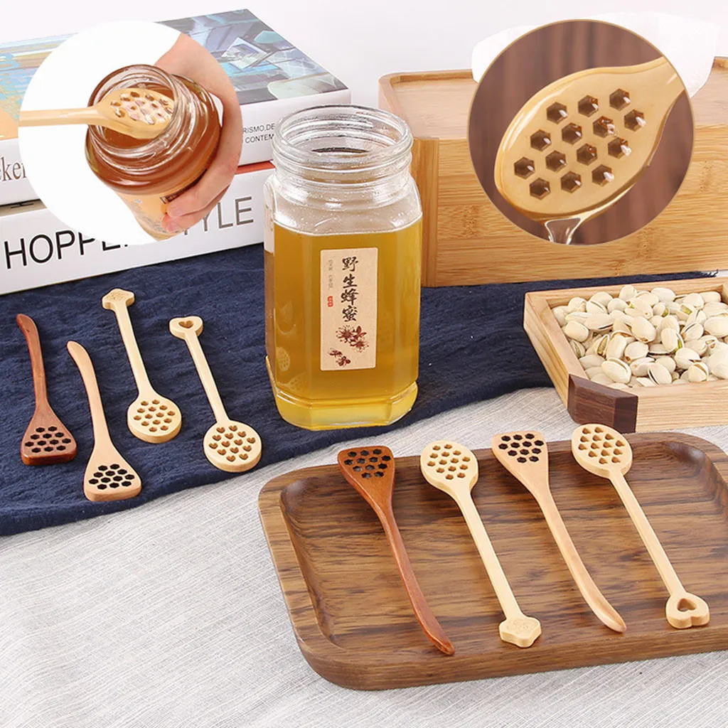 

Wood Jam Honey Dipper Spoon Stick Drink Tea Mixing Stirrer Hollow Creative Long Handle Coffee Stirring Spoons Kitchen Tool