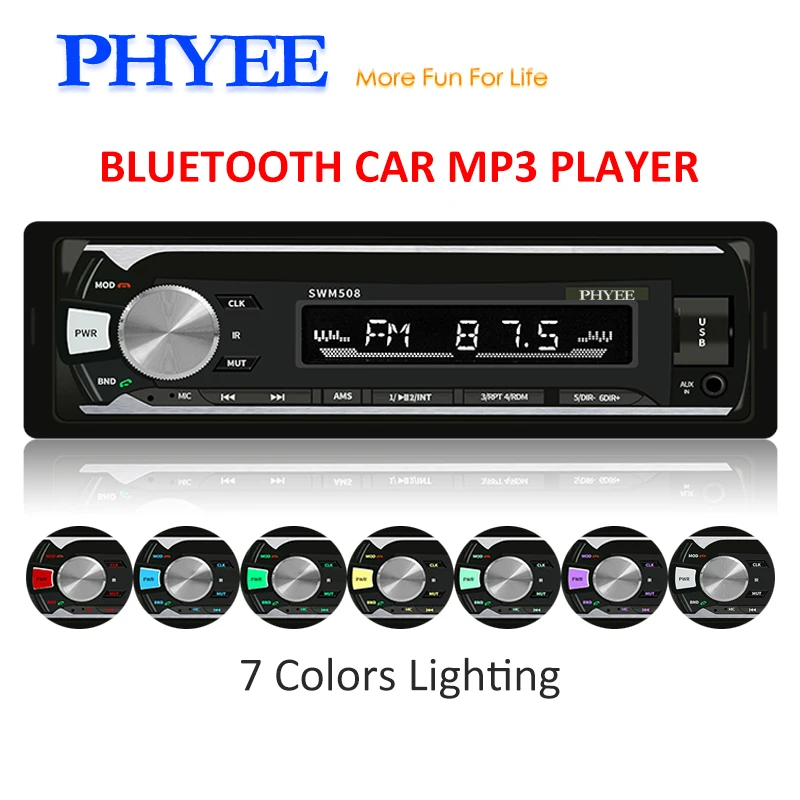 

1 Din Car Stereo Bluetooth Radio Audio MP3 Player Handsfree USB SD FM A2DP Remotes Multicolor Lighting ISO Head Unit PHYEE 508