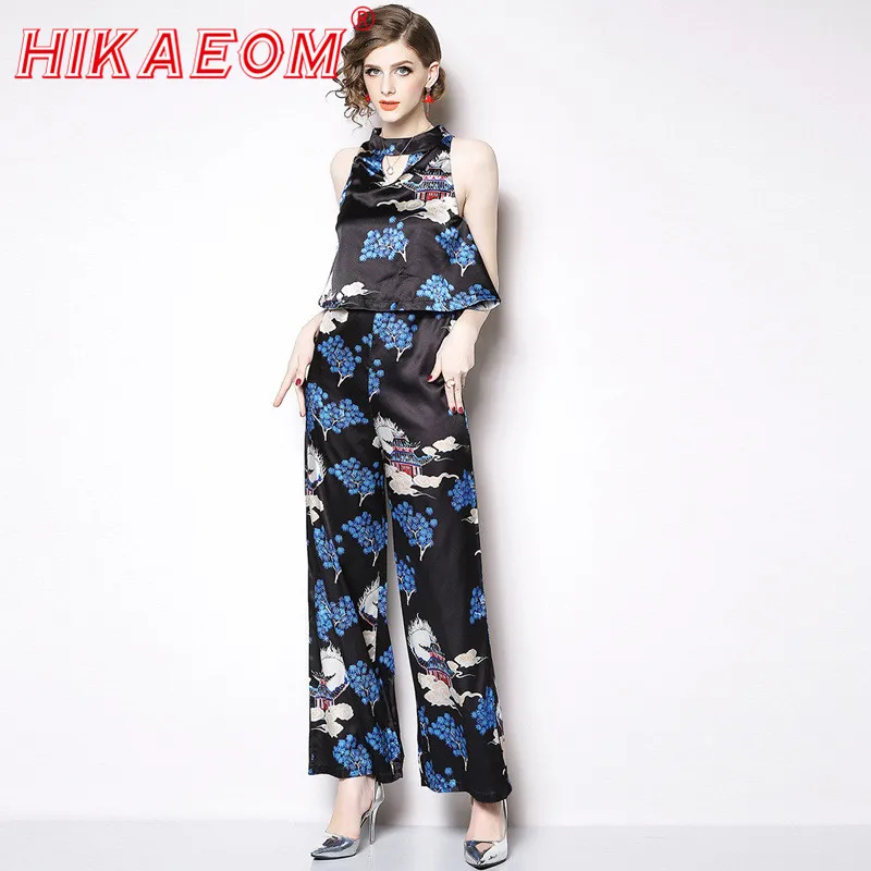 

2019 Summer New Vogue Print Sleeveless Choker Jumpsuit Sexy Floor Stretch Wide Leg Pants Vest Playsuits Women Casual Bodysuit