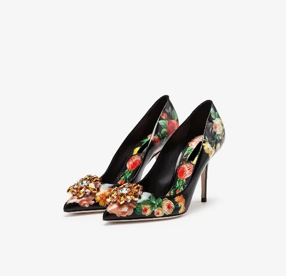 

Crystal Decor Pointed Toe Floral Pattern Pumps Pointed Toe Shallow Slip On High Heel Lady Shoes Crystal Embellished Footwear