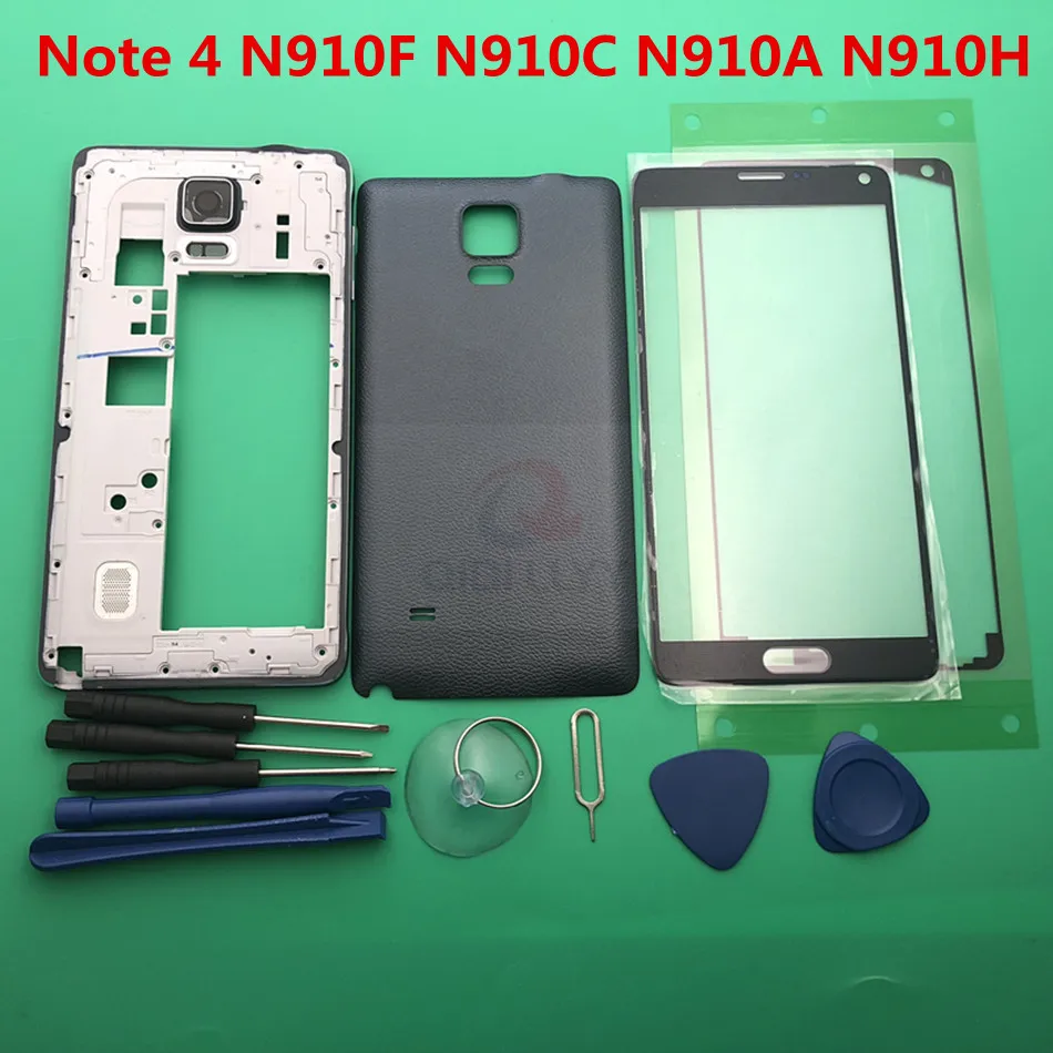 

New Full Housing Case Middle Frame + Rubber Seal Back Case + Glass Lens Auto Parts for Samsung Note 4 N910 N910F/A/M/C/H + Tools