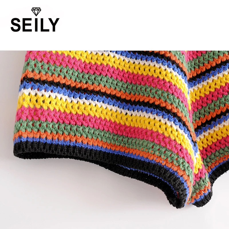 Seily Handmade Colorful Rainbow Striped Knit Wool Elastic Waist Loose Shorts Women Summer High Waist Wide Leg Short Femme Corto Seily Handmade Colorful Rainbow Striped Knit Wool Elastic Waist Loose Shorts Women Summer High Waist Wide Leg Short Femme Corto