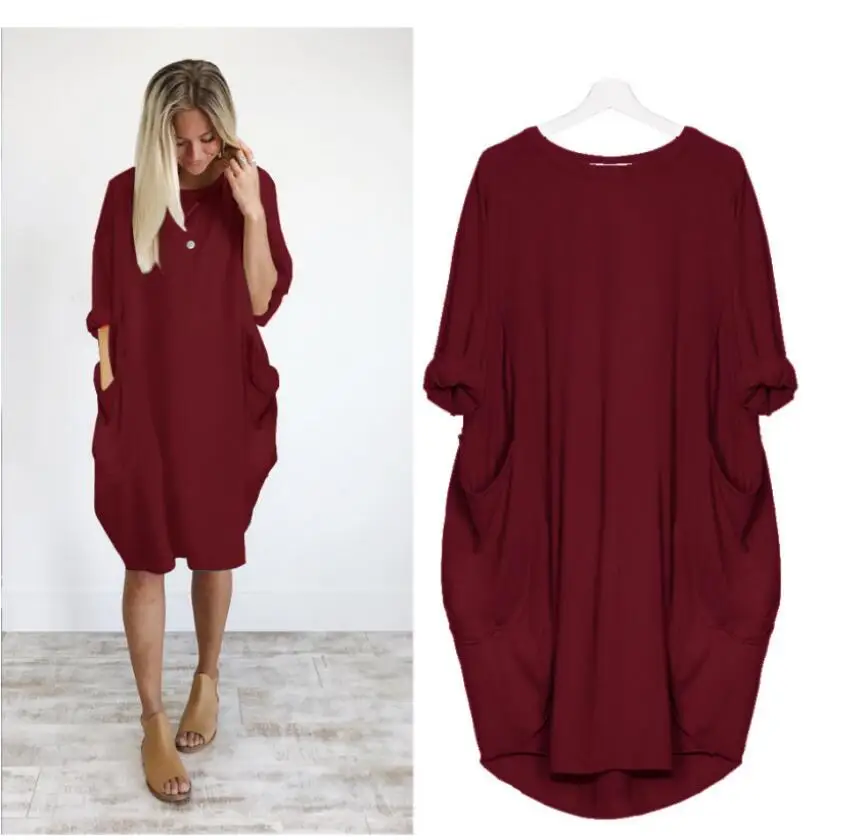 2018 Hot Sale Autumn Winter Womens Fashion Pocket Loose Dress Ladies Solid Crew Neck Casual Long Tops Plus Size vestido | Женская одежда