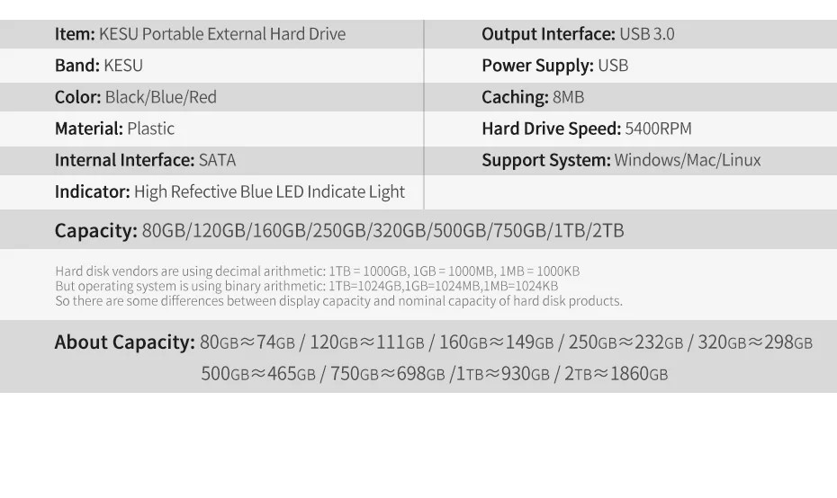 Кесу 120 GB 250 GB 500 GB 1 ТБ 2 ТБ Sata HDD внешний жесткий диск USB 3,0 HD Жесткий диск внешних накопителей, совместимость с PS4/Xbox One