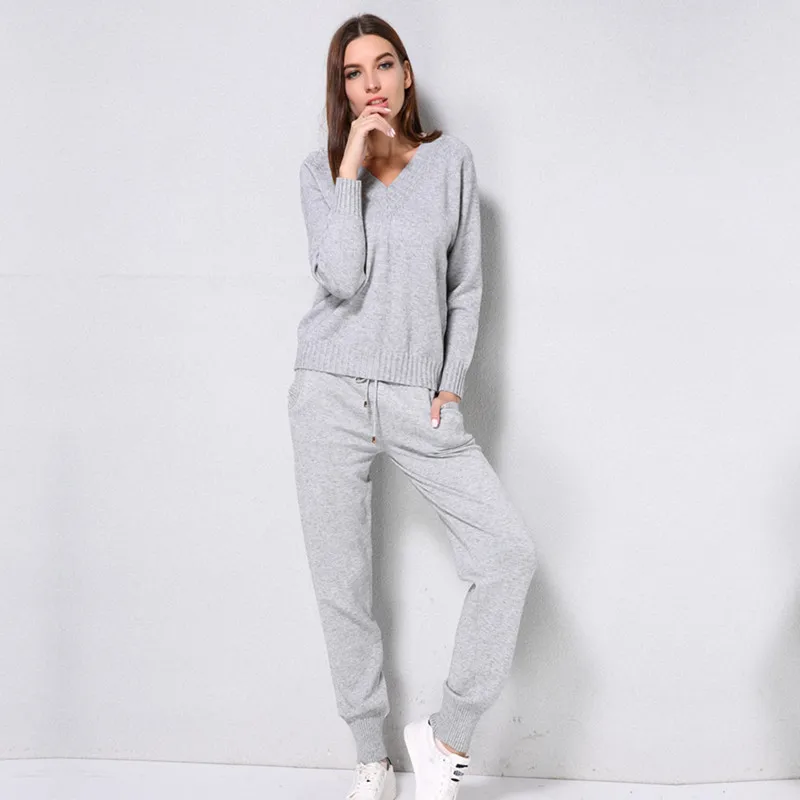 

Women Knitted Tracksuit Slim Long Sleeve V-Neck Sweater+ Pant Two Piece Set Sporting Suit Trousers+Jumper Casual Clothing Sets