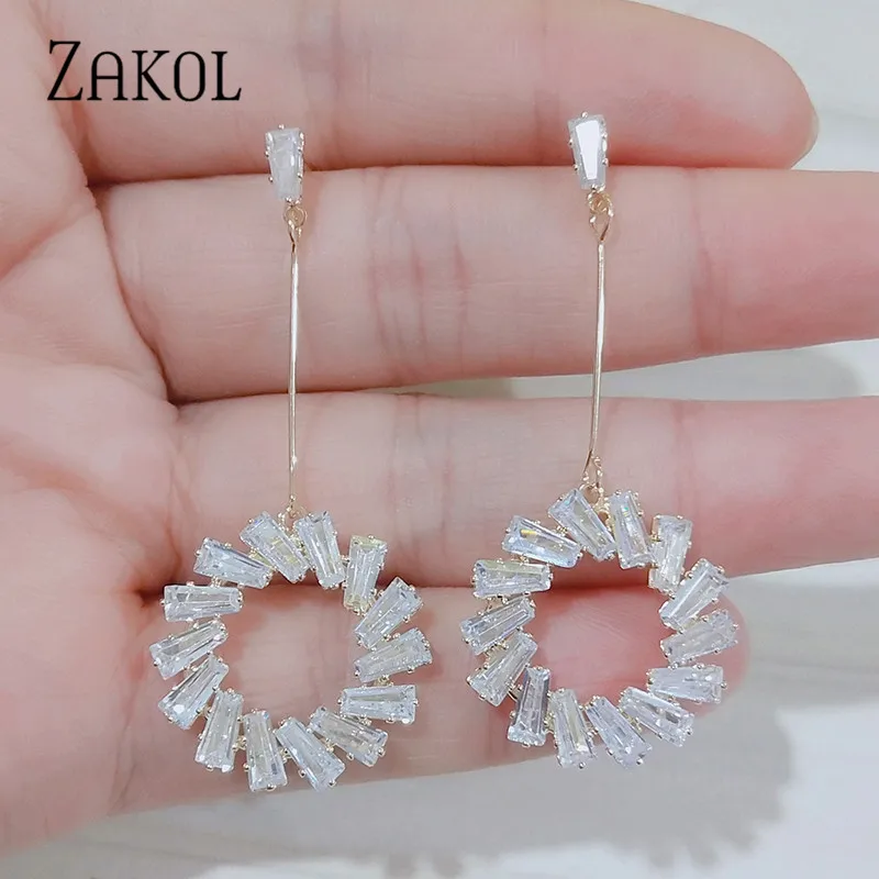 ZAKOL New Arrival Fashion Baguette CZ Zircon Round Circle Dangle Earrings for Women Bridal Wedding Jewelry Accessories AAEP042