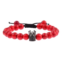 Черный красный браслет из натурального камня женские мужские браслеты золотой браслет с короной 8 мм регулируемые браслеты для йоги чакра ABL014