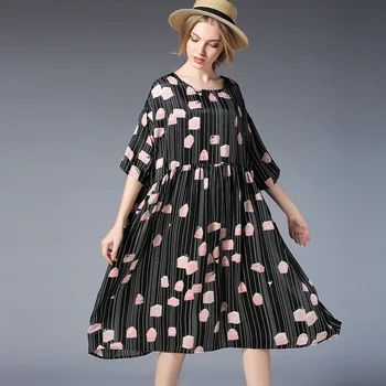 

Plus size dresses Large sizes Women summer Silk satin casual loose Elegant dress high waist crew neck Print dress oversize