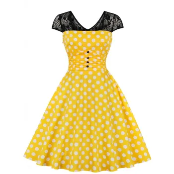 

Summer Sexy Style V -cut Lace Patchwork Women Retro Dresses Fashion Polka Dot Zip Key Vintage Dress Vestidos 60 S Robe Dress