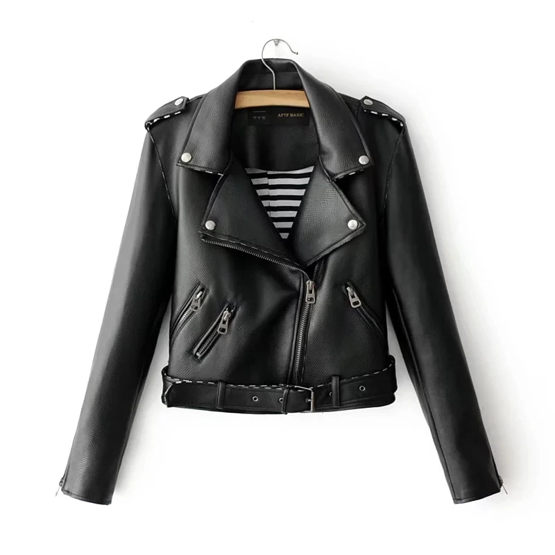 

Fashion Women Faux Leather Zipper Jacket Snakeskin PU Short Design Sashes Coats Black White Pink Slim Motorcycle Jacket Outwear