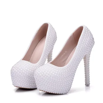 

Full Pearls Crystal Wedding Shoes Bride 14CM Super High Heels Platforms White Lady Party Proms Dress Dancing Pumps XY-A0325