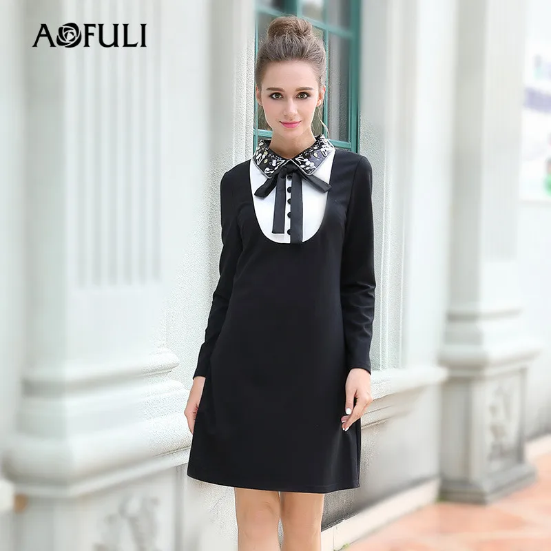 AOFULI бренд L 5XL плюс размер платье 2017 Осень Зима Элегантный женский бант с длинным