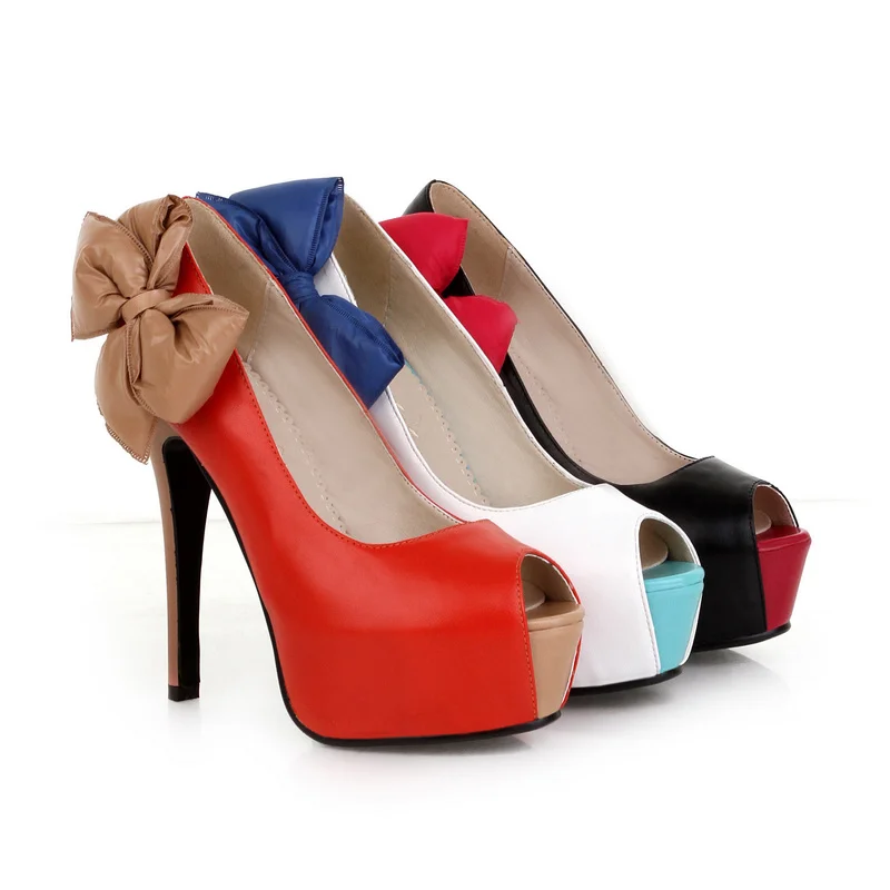 COMIST Summer Women Fashion High Heels Rubber Solid Colors Soft Leather Peep Toe Sexy Bowtie Black White Orange Size3-8 C7922 | Обувь