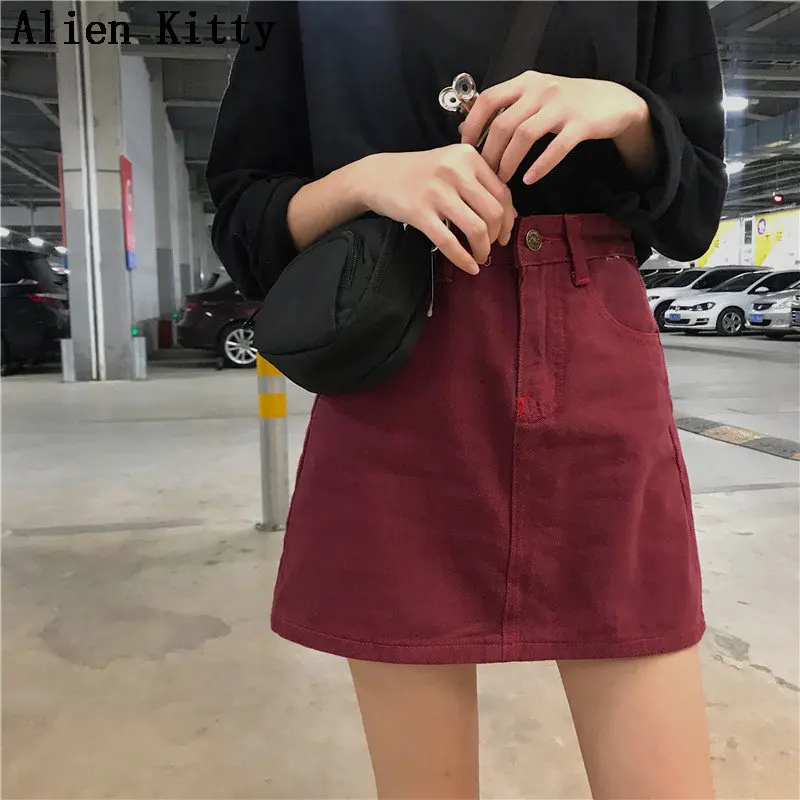 

Alien Kitty Summer Women Fashion A-Line All-Match Fresh Simple High Waist Demin Mini Plus Red Skirts