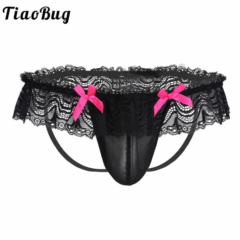 

TiaoBug Men's Sexy Black See Through Lace Thongs Briefs G-string Thong Sissy Panties Open Butt Jockstrap Hot Sexy Gay Underwear