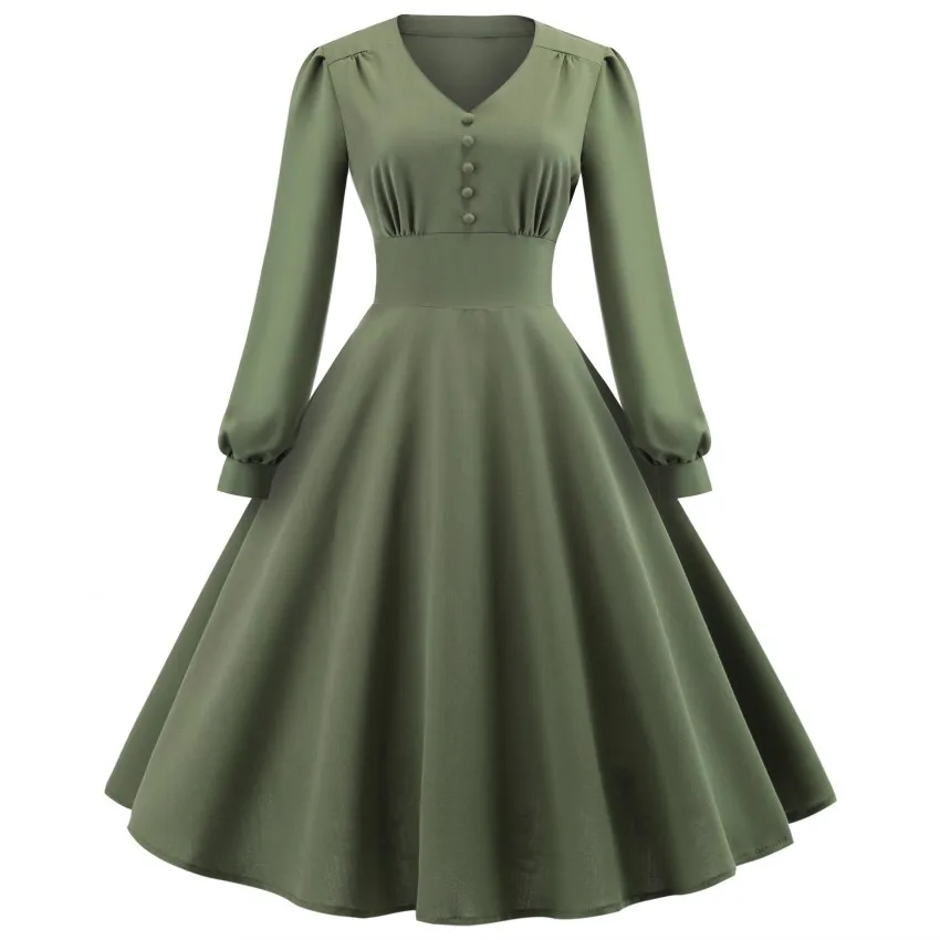Весенне-осеннее новое платье миди на пуговицах, женское платье с длинным рукавом для офиса, Повседневное платье с v-образным вырезом, туника, свободное платье, армейское зеленое платье