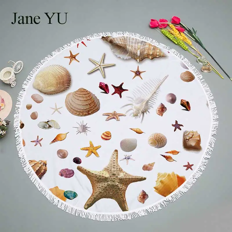 as picture JaneYU round beach towel starfish shell style picnic mat tassel tapestry around bath towel curtain mat yoga mat qualitiy - Цвет: as picture