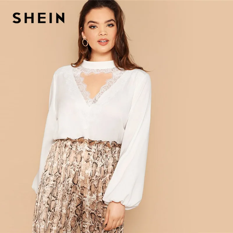 SHEIN White V Cutout Lace Trim Lantern Long Sleeve Women Plus Size ...