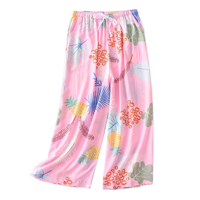 

Summer Bohemia loose pants cozy pink ninth pants sweet women sleep bottoms casual sleepwear cool rayon pajama trousers women