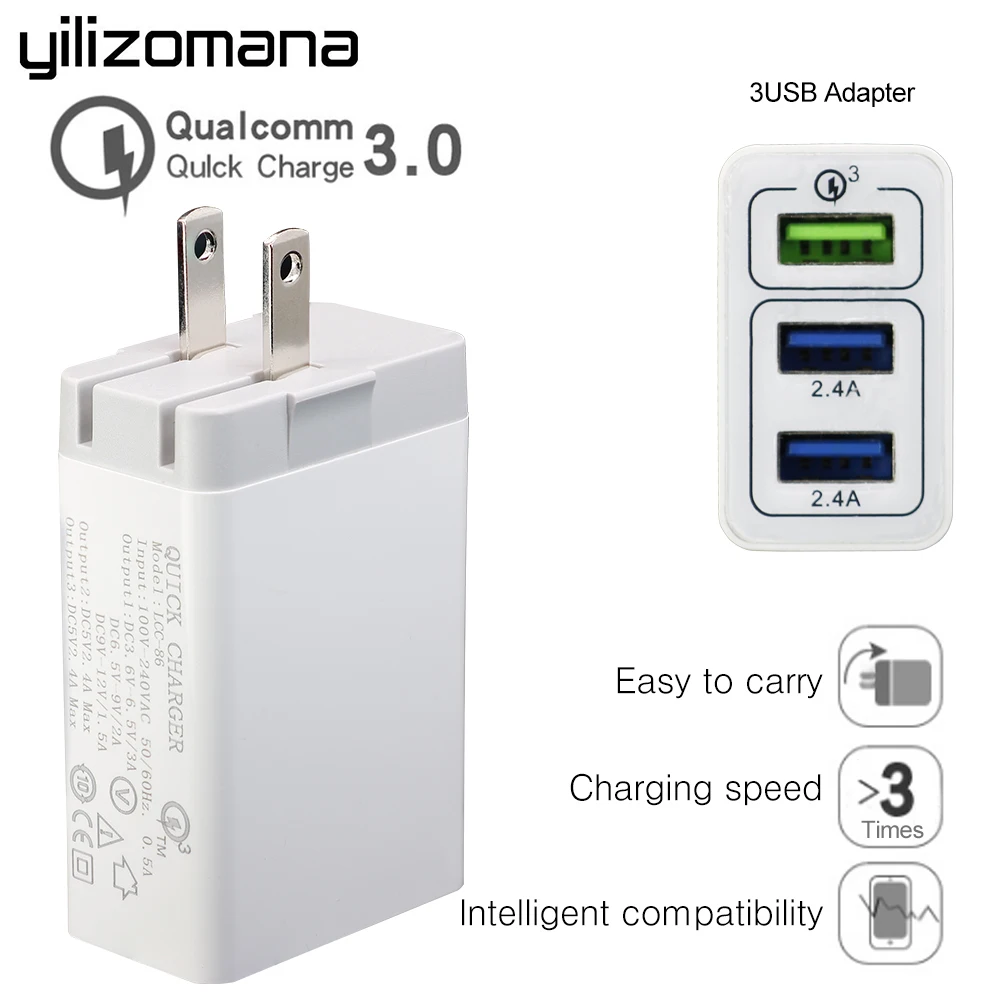 

YILIZOMANA 30W Quick Charger QC 3.0 EU US UK 3 Ports USB Fast travel Chargers For iPhone 7/8/X iPad Samsung S8 Mobile Phone