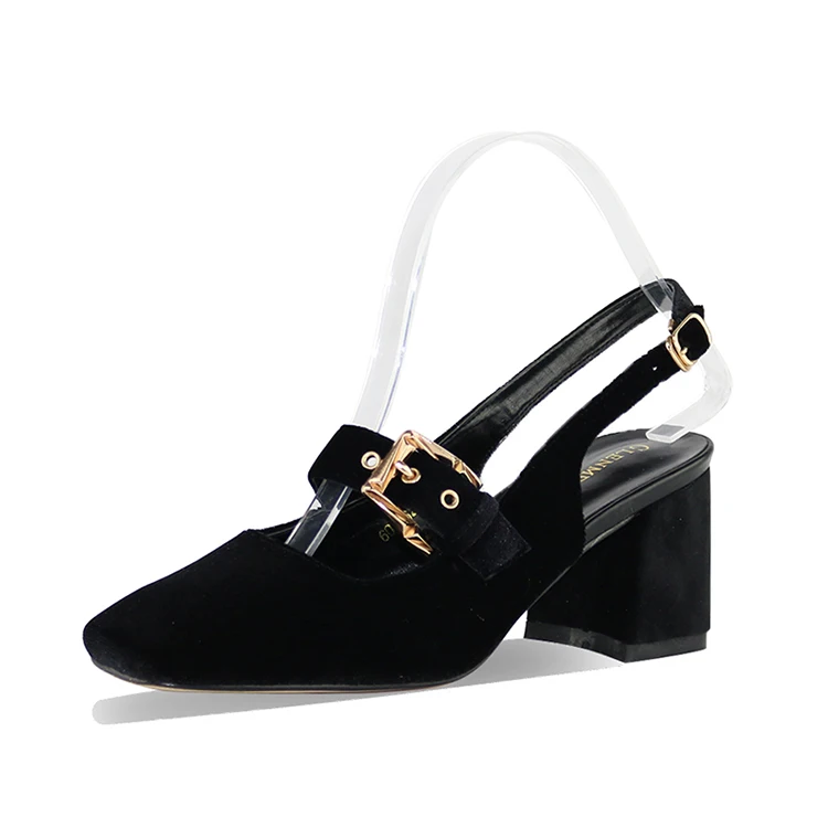 Туфли на толстом каблуке в стиле ретро; женские туфли-лодочки; туфли из флока квадратном каблуке с ремешком на пятке; женские свадебные туфли с круглым носком и пряжкой - Цвет: Черный